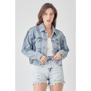 RISEN Light Rinse Distressed Button Down Cropped Denim Jacket NEW Misses
